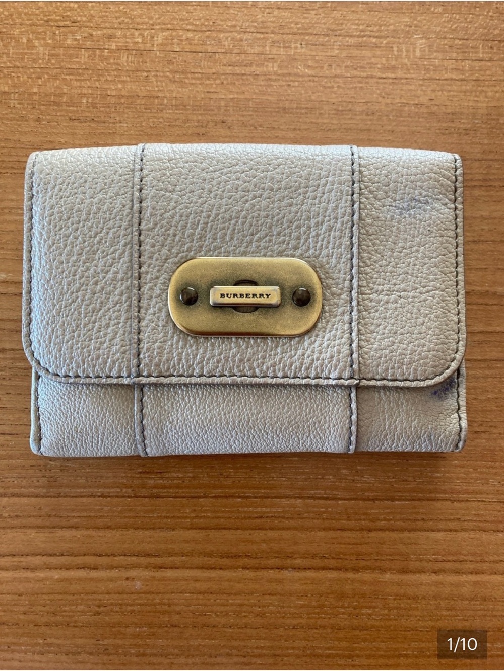 Burberry Pebbled Leather Wallet in Light Gray with Gold Plaque- USED